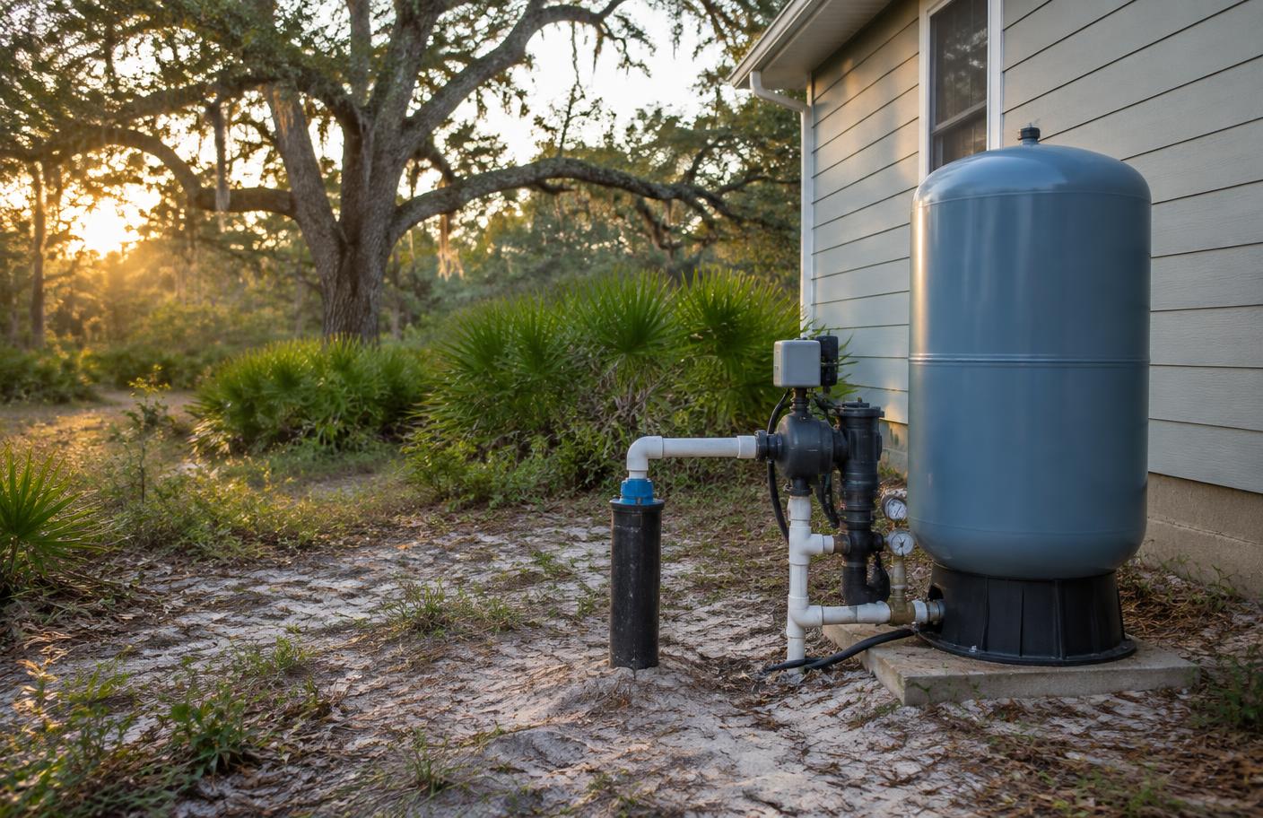 Residential private-well pressure tank and pump equipment in a North Florida yard